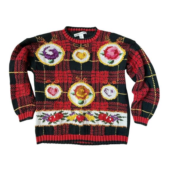 Vintage Grandma Cottage Core Plaid Floral Valentine Sweater Gucci Vibes - Picture 1 of 10